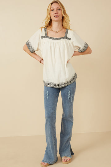 HK1809 Off White Womens Cotton Slub Textured Embroidered Square Neck Top Gif